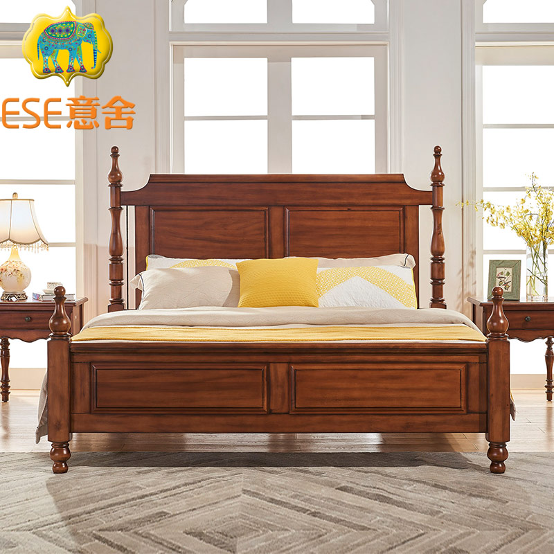 意舍美式复古实木床经典简约1米8简美风主卧双人大床桃花芯木家具