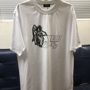 WE11韩国潮牌天使字母印花well纯棉白色宽松短袖 T恤女圆领上衣男