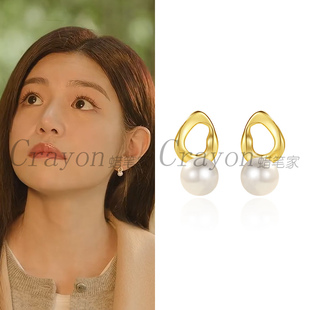 陈妍希狙击蝴蝶岑矜同款耳环S925纯银几何耳钉合成珍珠极简风耳饰