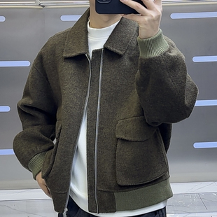 男士翻领羊毛呢大衣冬季短款宽松拉链夹克外套潮流保暖