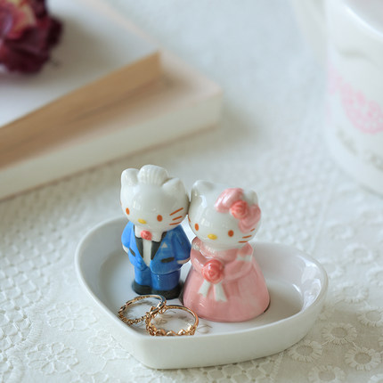 日单hello kitty凯蒂猫陶瓷情侣婚礼摆件戒指托盘首饰碟结婚礼物