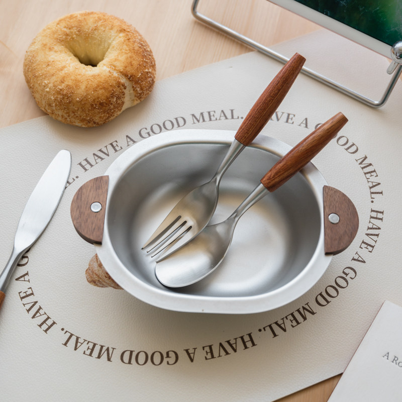 【梦田良品】质感复古风胡桃木双耳手柄304不锈钢椭圆碗/刀叉勺,餐饮具,西餐餐具套装,淘宝优惠券,粉丝福利购,淘宝优惠卷