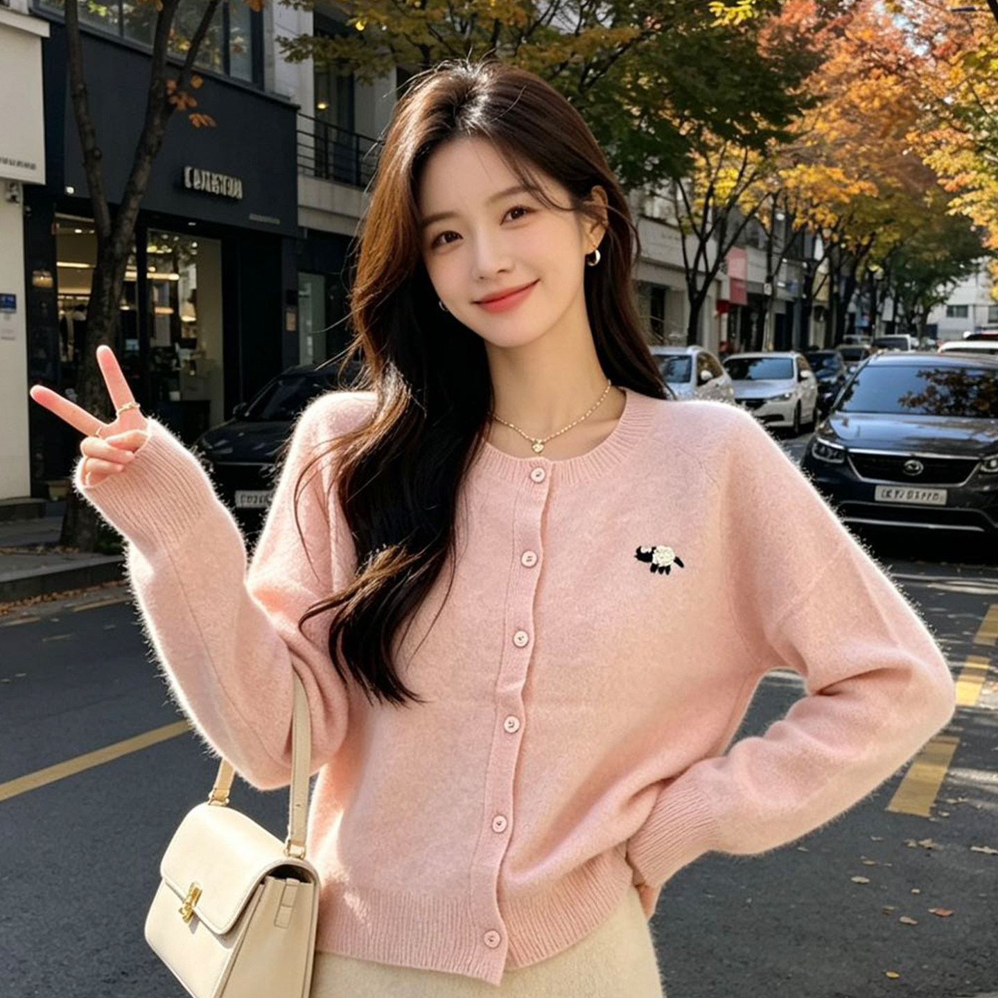 秋冬5%山羊绒衫拉绒圆领扣子针织开衫女宽松羊毛衫毛衣外套上衣
