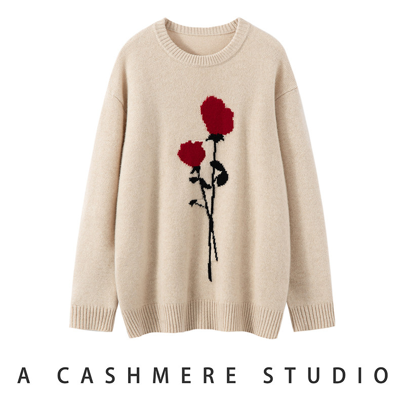 100%纯山羊绒衫女中长款圆领提花玫瑰花毛衣慵懒风上衣秋冬新款,女装/女士精品,羊绒衫,淘宝优惠券,粉丝福利购,淘宝优惠卷