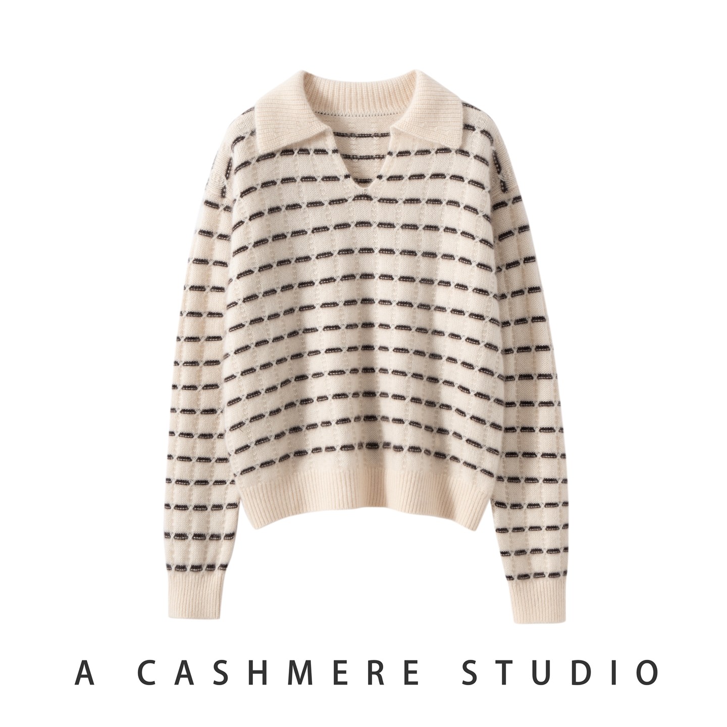 丽人气质~100纯山羊绒衫女2025新款韩系宽松条纹翻领毛针织衫上衣,女装/女士精品,羊绒衫,淘宝优惠券,粉丝福利购,淘宝优惠卷