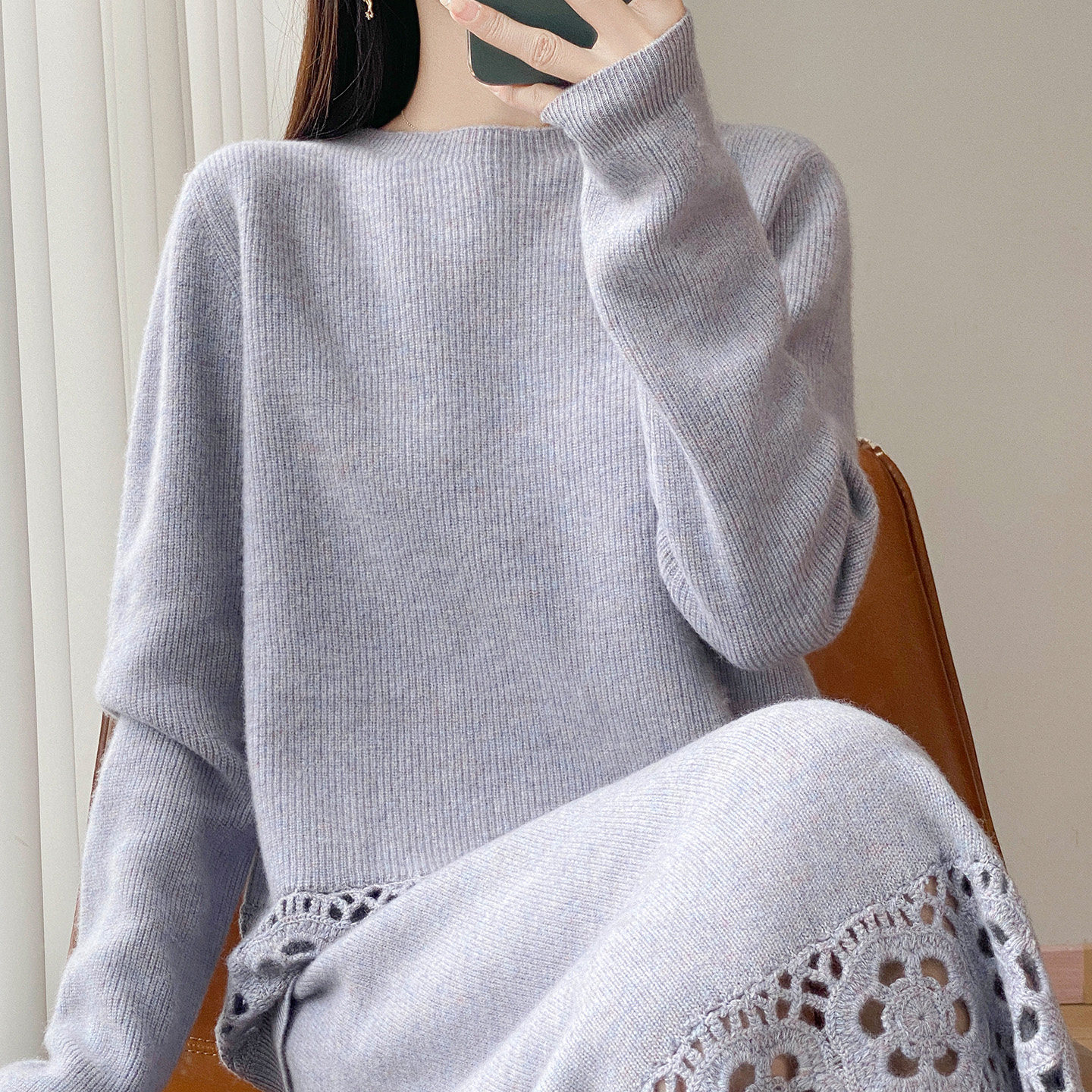 氛围感镂空100%纯羊毛套装女毛衣新款宽松针织打底衫半身裙两件套