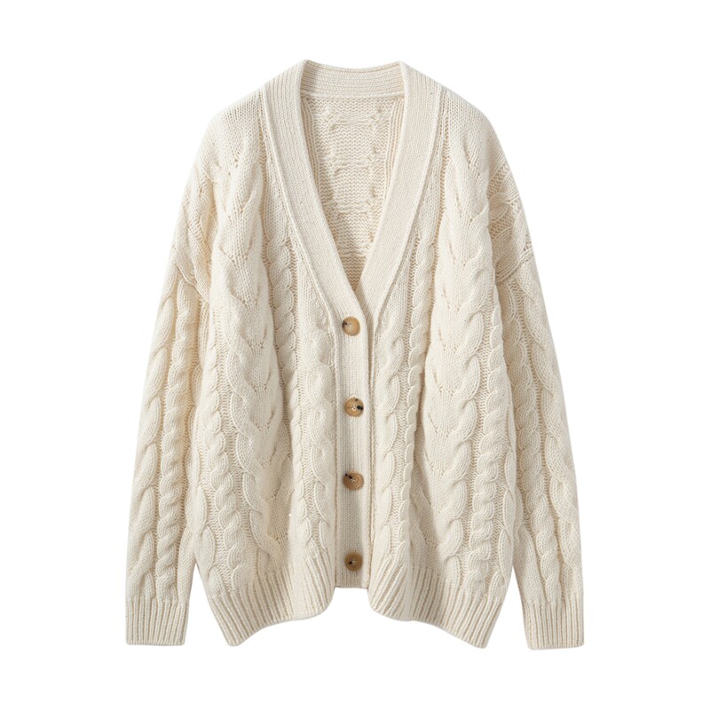 秋冬新款重工加厚100纯山羊绒开衫女V领亮片麻花宽松休闲保暖外套