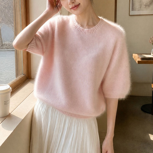 高端拉毛圆领羊毛衫女短袖宽松显瘦套头针织衫休闲气质羊绒毛衣