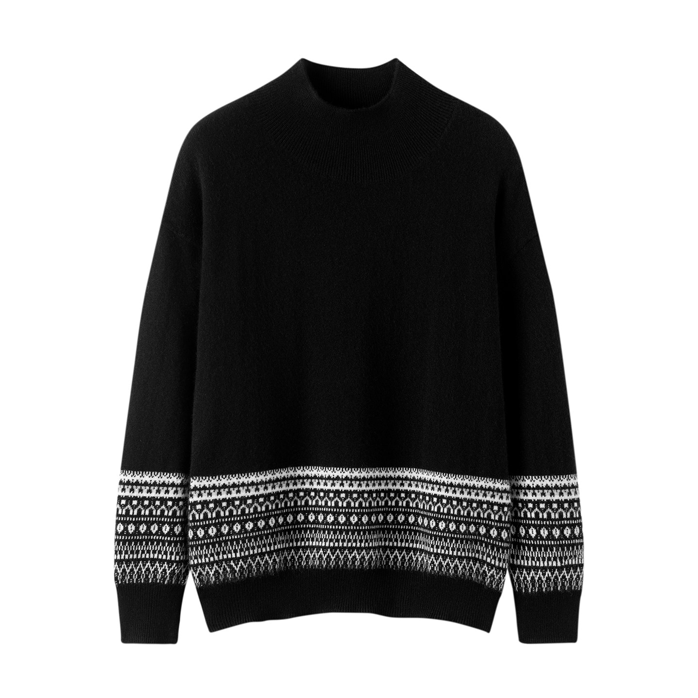 新款100%纯山羊绒衫女半高领宽松提花针织打底衫黑白拼色套头毛衣,女装/女士精品,羊绒衫,淘宝优惠券,粉丝福利购,淘宝优惠卷