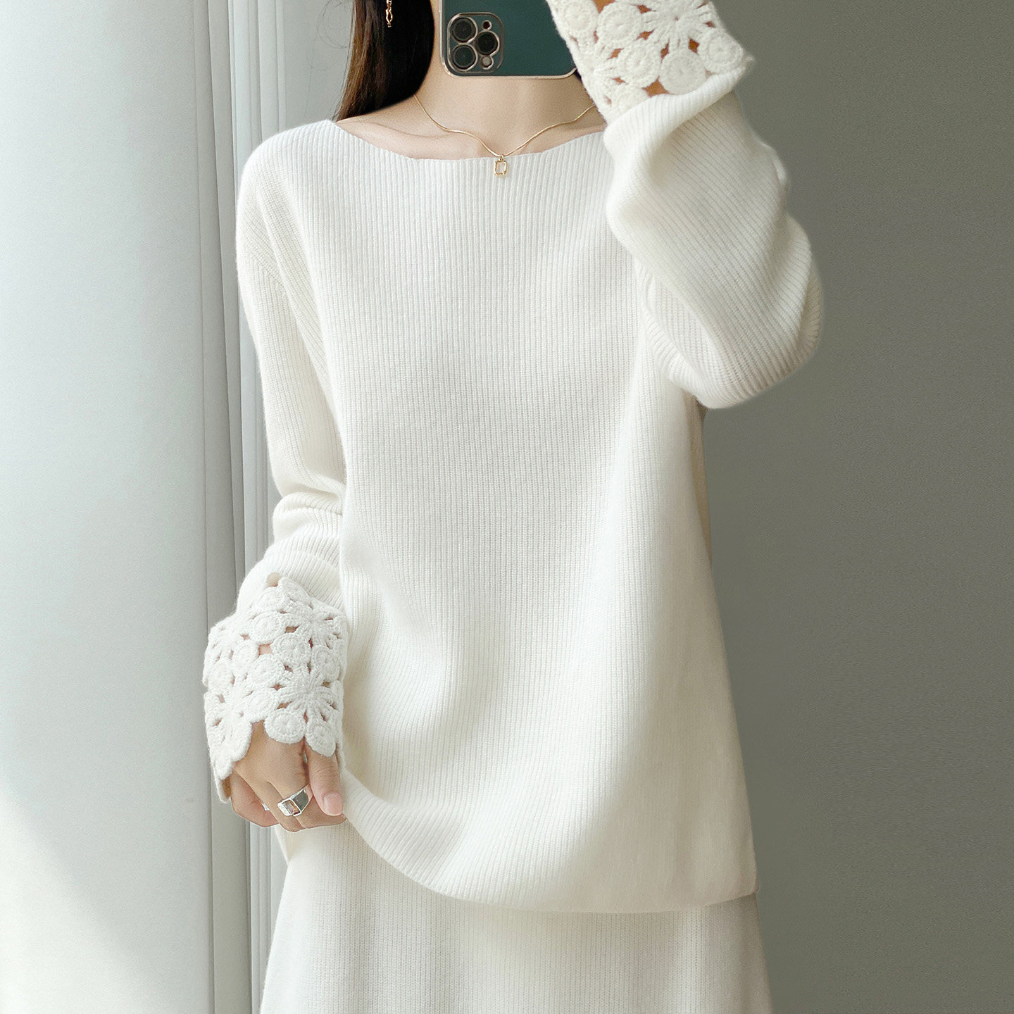 法式花边镂空100%羊毛套装女毛衣新款宽松针织打底衫半身裙两件套