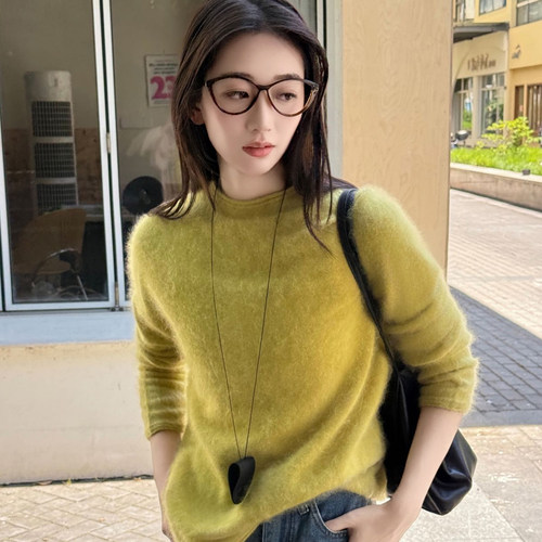 韩系多色丝羊绒拉毛卷边圆领针织打底衫女秋冬宽松软糯针织衫内搭