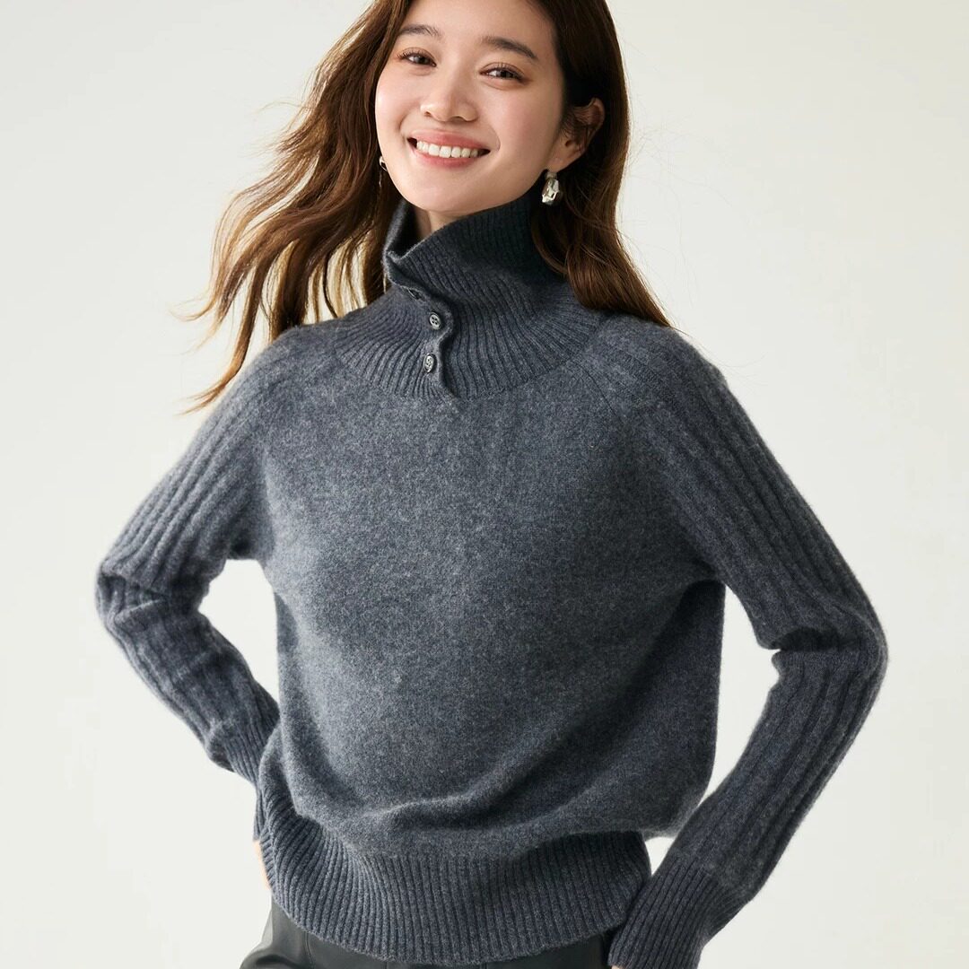 高阶通勤/复古山羊绒衫女纽扣高领宽松慵懒大码羊毛翻领针织毛衣