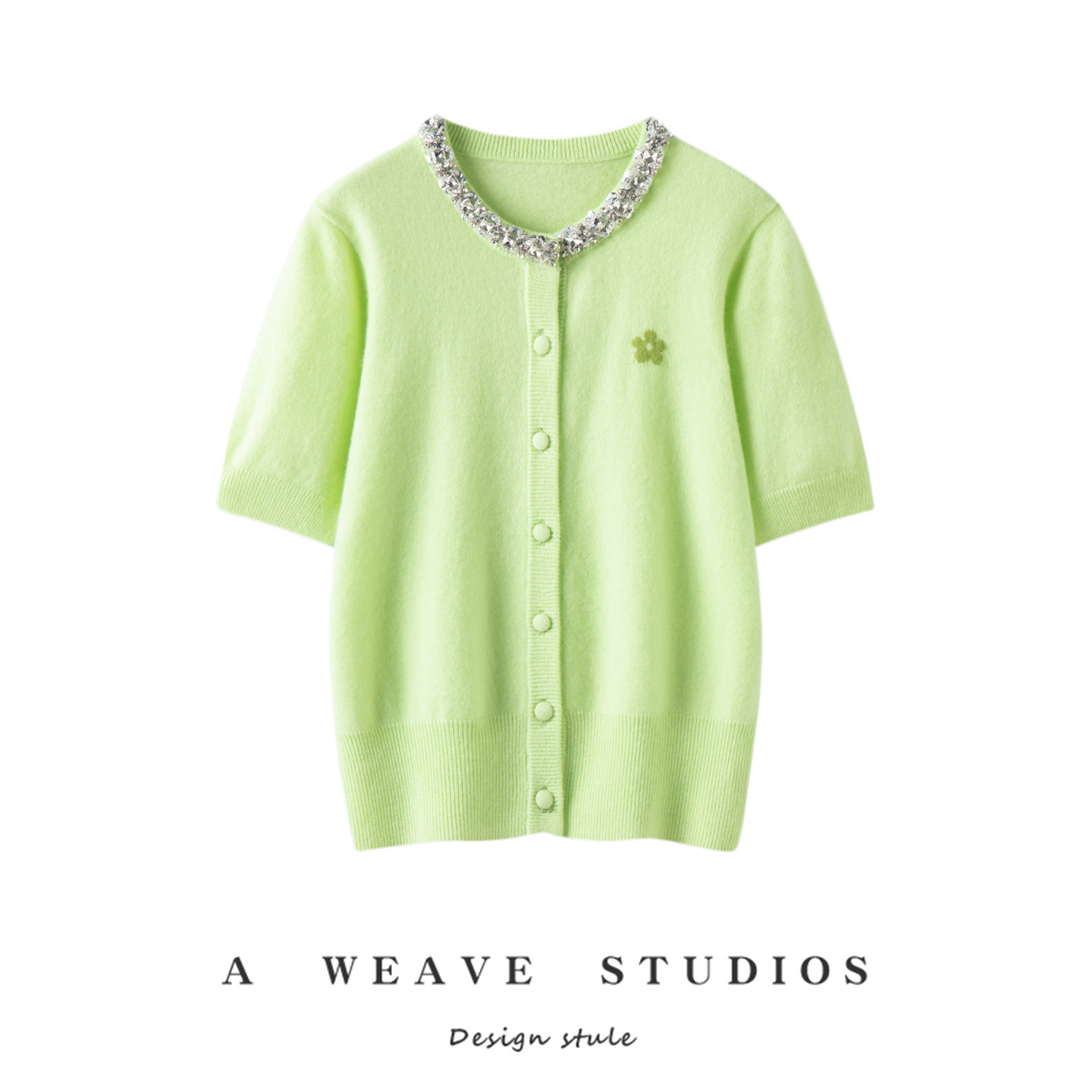 领口镶钻针织开衫100%纯羊绒衫女圆领短袖T恤秋冬季新款毛衣外套,女装/女士精品,羊绒衫,淘宝优惠券,粉丝福利购,淘宝优惠卷