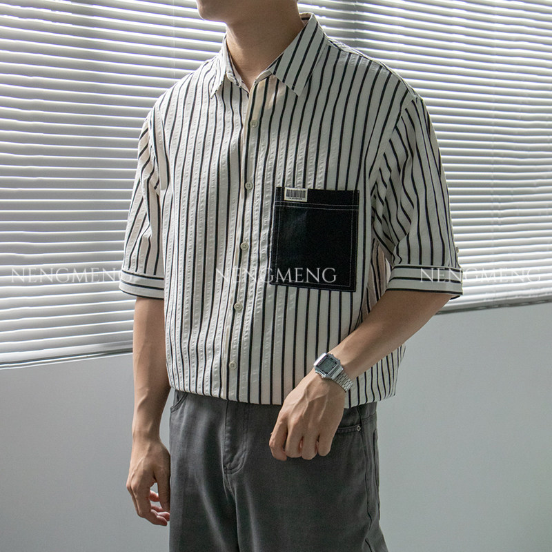 能盟条形码刺绣口袋褶皱条纹衬衫男中袖休闲夏季男士衬衣短袖衬衫