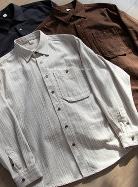 韩版高级感肌理感翻领长袖衬衫男士秋季宽松加厚百搭衬衣外套