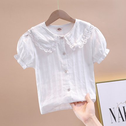 女童新款衬衣短袖2024夏季韩版娃娃领上衣洋气泡泡袖儿童白色衬衫