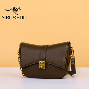 九州袋鼠纯色腋下包2025新款链条马鞍小方包纯皮单肩斜挎包专柜潮