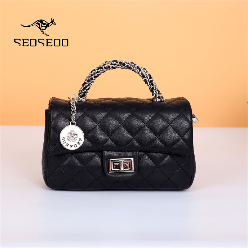 九州袋鼠女包小香风菱格链条包2025新款真软皮手提包单肩斜挎包潮