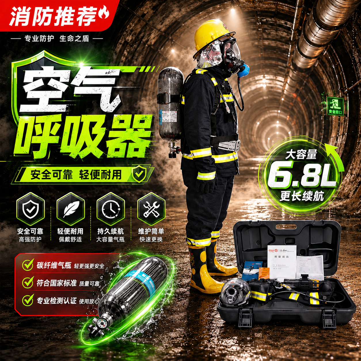 正压式空气呼吸器3C认证6.8L/6L纤维碳瓶RHZKF9机械电子款9L恒泰