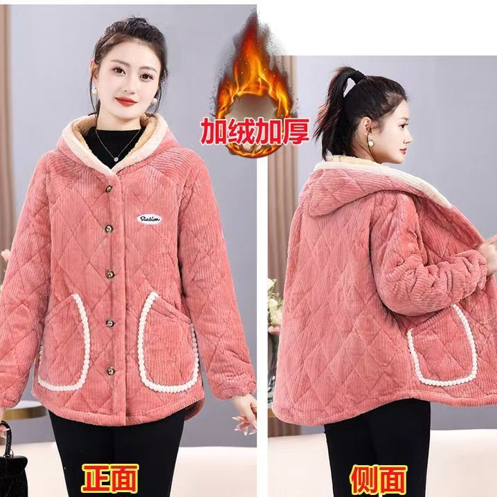 加绒罩衣女冬季保暖时尚连帽法兰绒加厚防污工作服外套厨房可外穿