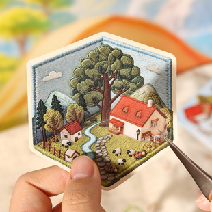 番茄酱少女绣珍春日迷你造景贴纸仿真刺绣拼布小屋微缩场景贴画