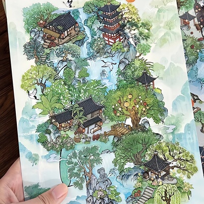 infeelme山中书事超大古风造景贴纸大号微缩场景国风贴画立体小屋