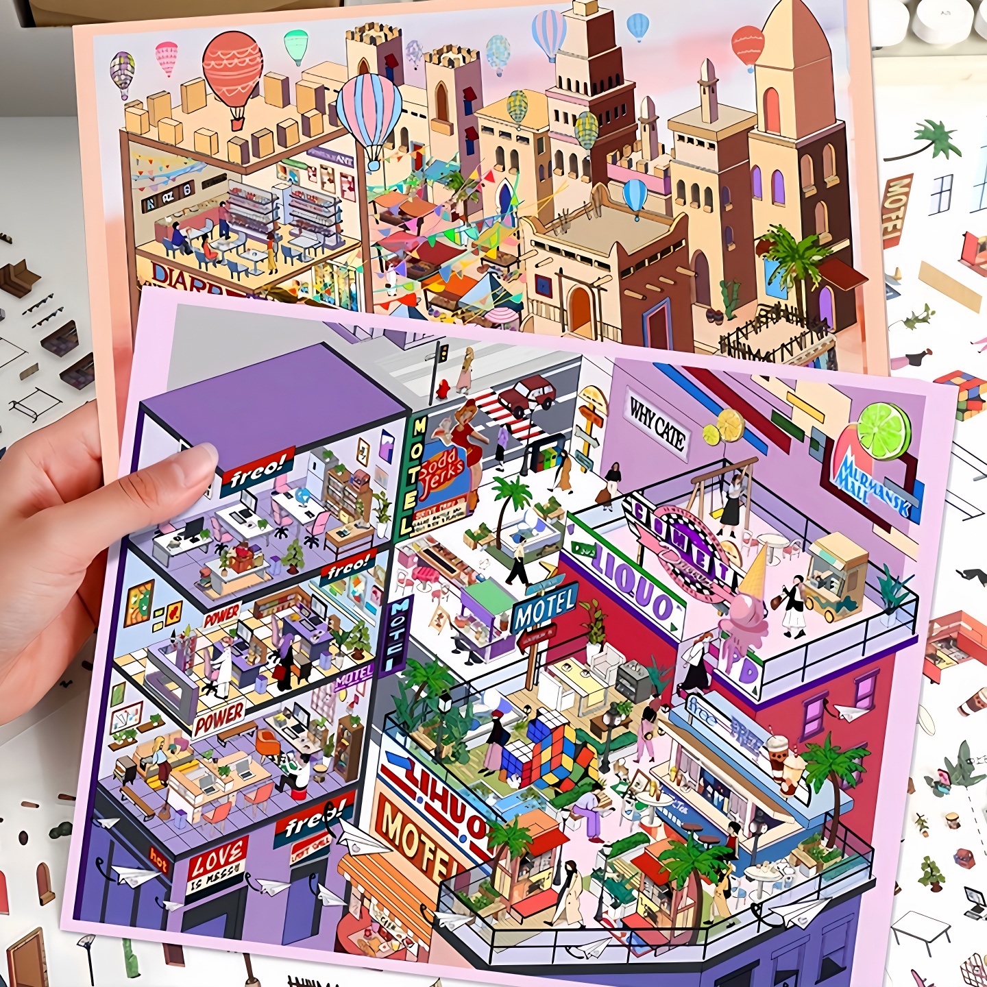 艺蓝70.0造景贴纸大号小屋场景解压贴纸潮玩街道小镇微缩场景贴画