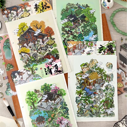 暮光国风江南四季造景贴纸大号古风立体小屋收纳微缩场景diy贴画