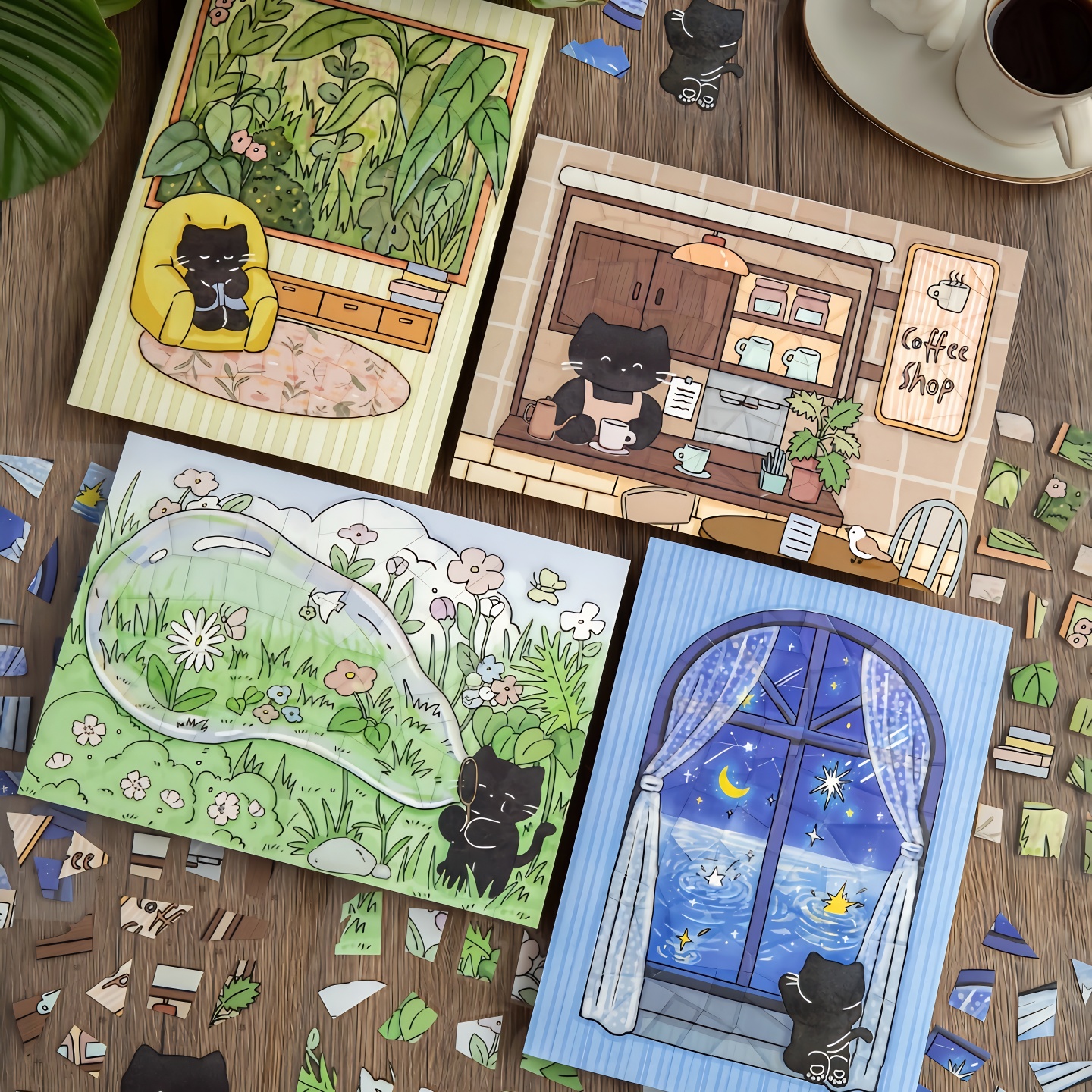 陌墨小黑猫PET拼图造景贴纸可爱卡通高难度修复场景微缩diy贴画