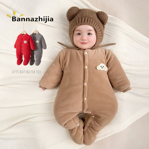 新生儿冬季婴儿衣服加厚包脚连体衣保暖男女宝宝棉服爬服连身衣