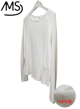 慵懒风圆领拉毛宽松做旧毛边T恤女2026年新款全棉长袖打底针织衫