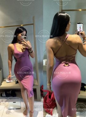 KIYA PEACH 顾系带欧美健身运动连衣裙女开叉美背性感裸感包臀裙