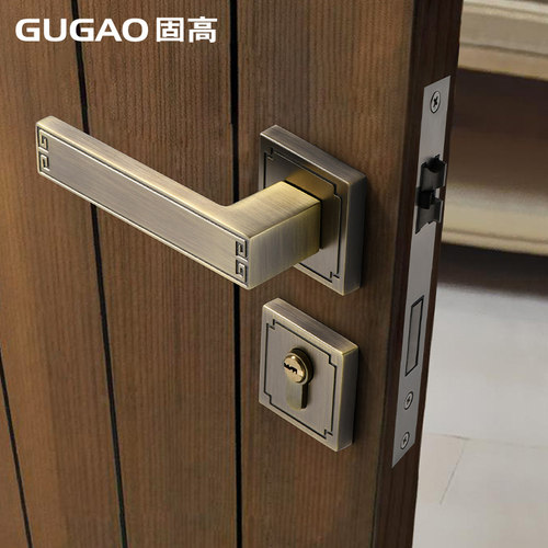 固高新中式古铜室内卧室房门锁磁吸静音分体门把手金色房间木门锁