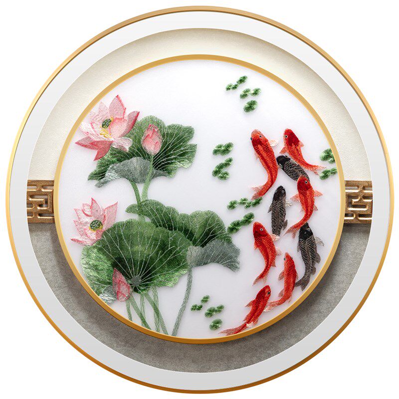 九鱼图新中式玄关装饰画圆形苏绣挂画刺绣客厅饭厅走廊过道墙壁画
