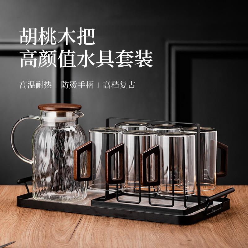 胡桃木把玻璃杯套装耐高温茶杯水杯大容量家用客厅喝水杯子待客杯