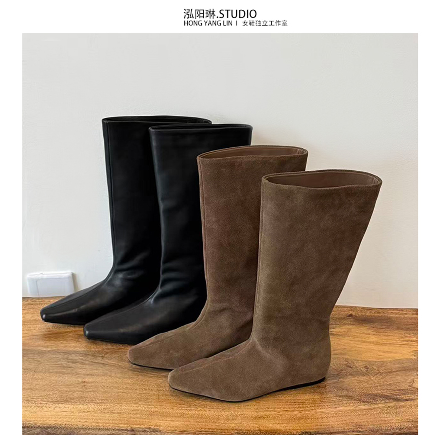 泓阳琳~方头内长筒绒面骑士靴2025新款秋冬小个子不过膝显瘦