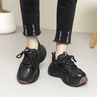 真皮老爹鞋女松糕厚底系带潮鞋百搭单鞋高帮鞋小个子增高休闲鞋女