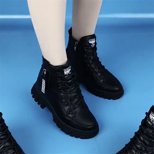 马丁靴女春秋单靴平底软皮显瘦靴子黑色软底休闲棉鞋 加绒短靴 冬季
