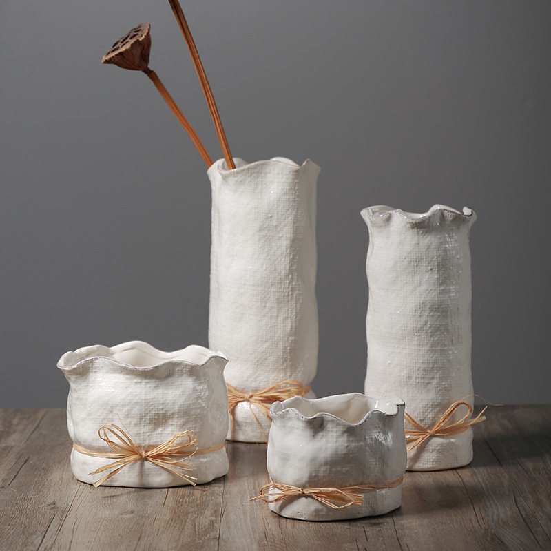 美式白色麻布纹陶瓷花瓶干花可水培花瓶客厅卧室玄关酒店民宿摆件