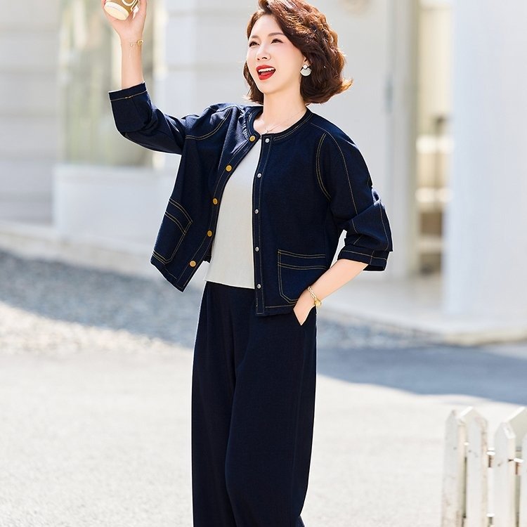 高端妈妈装精致两件套中老年女士装短款圆领外套新款休闲牛仔套装