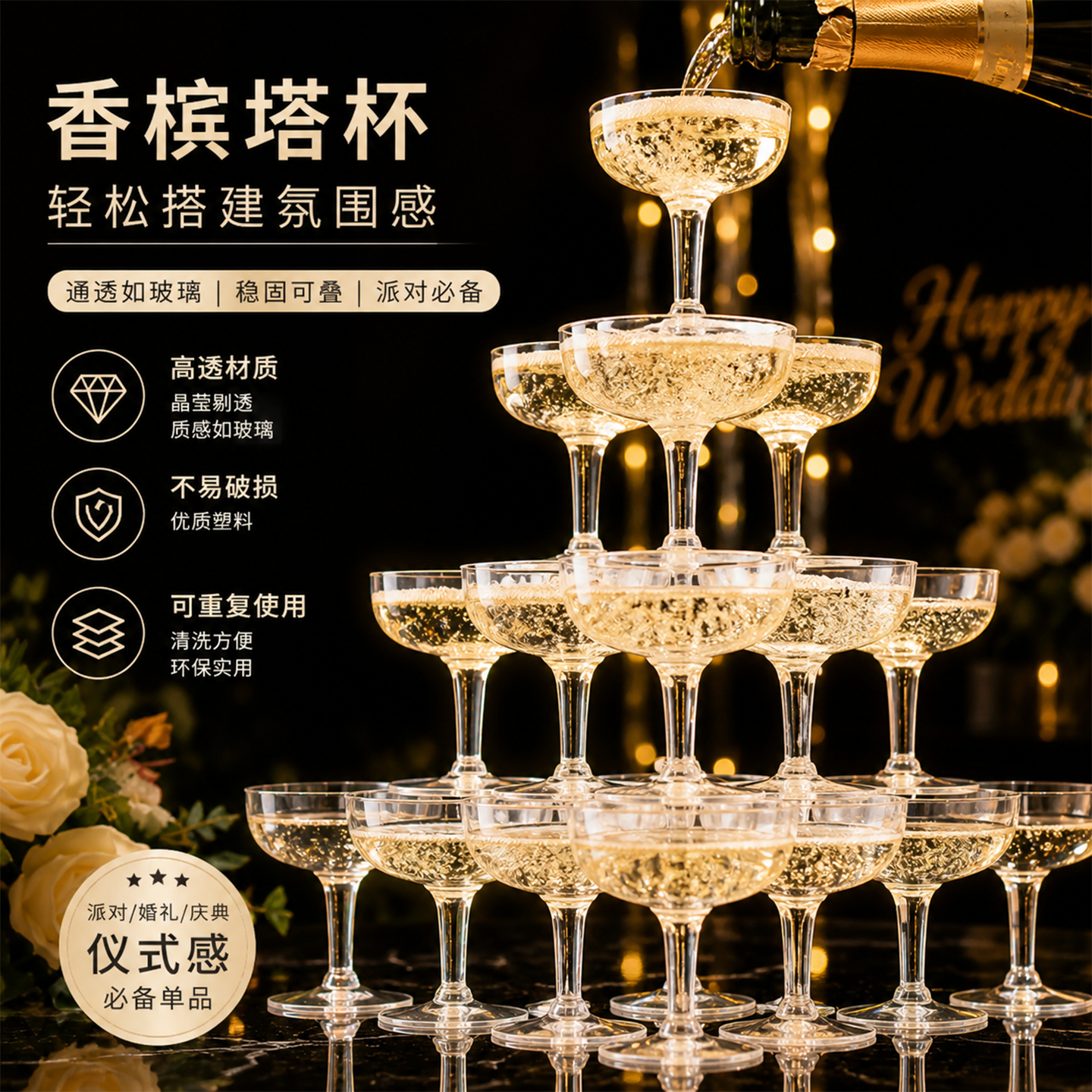 特价包邮亚克力香槟杯加厚塑料高脚杯婚礼香槟塔杯子酒店婚庆道具