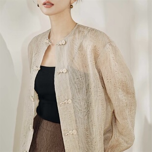 新中式盘扣衬衫女25年夏季新款宽松圆领镂空肌理感民国风防晒开衫