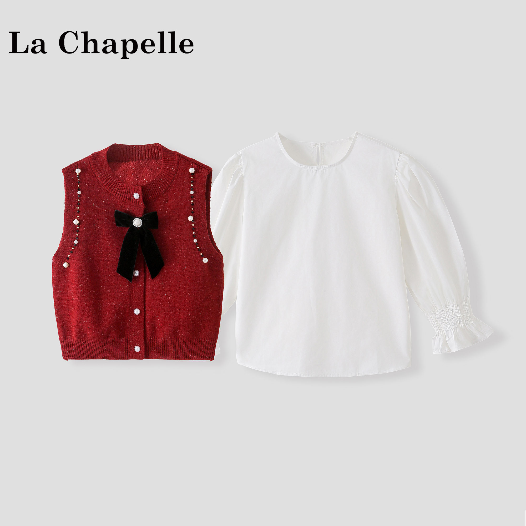 拉夏贝尔童装儿童针织马甲套装2026新款女童小香风百搭衬衫两件套