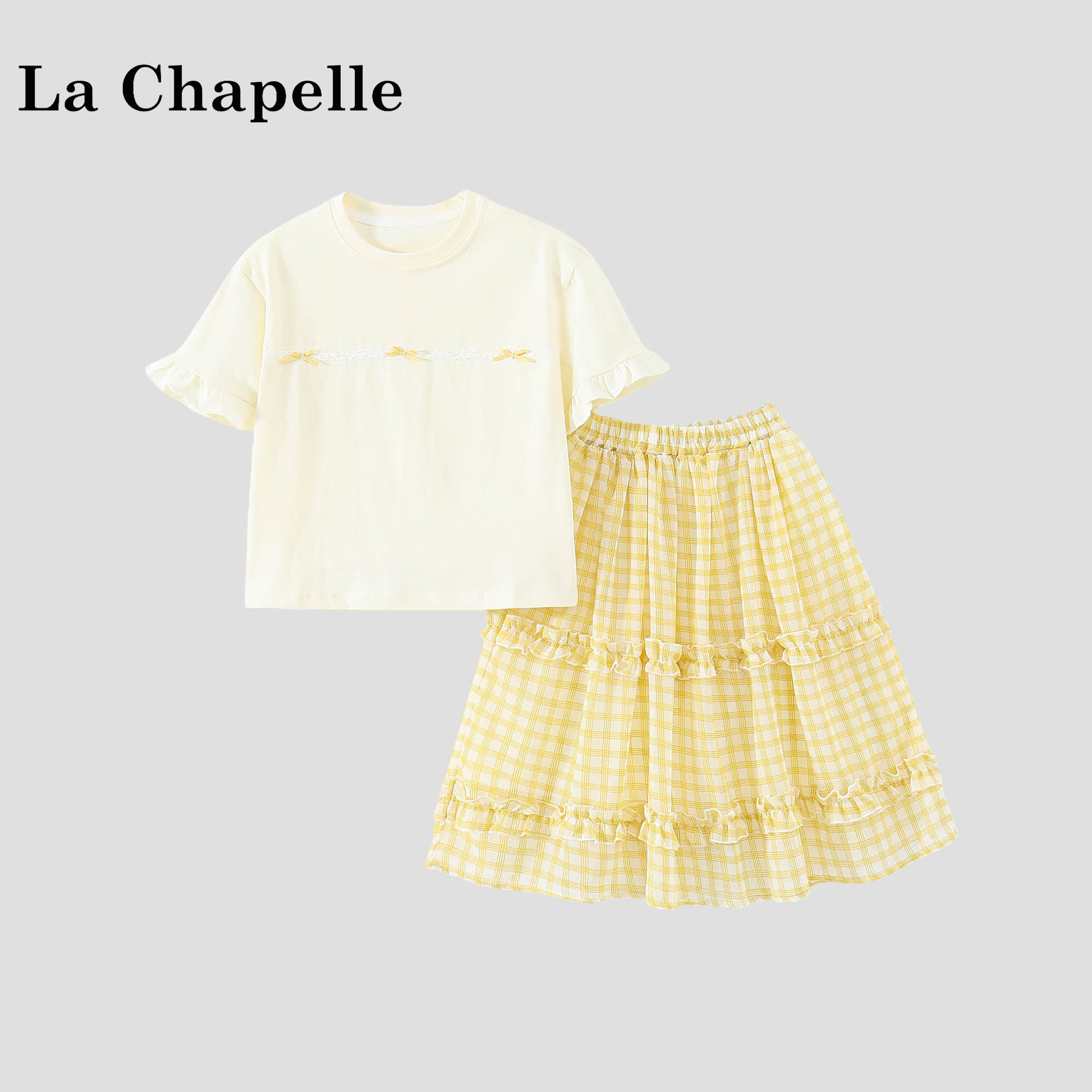拉夏贝尔女童多巴胺套装2026新款女宝宝短袖上衣半身裙夏装两件套