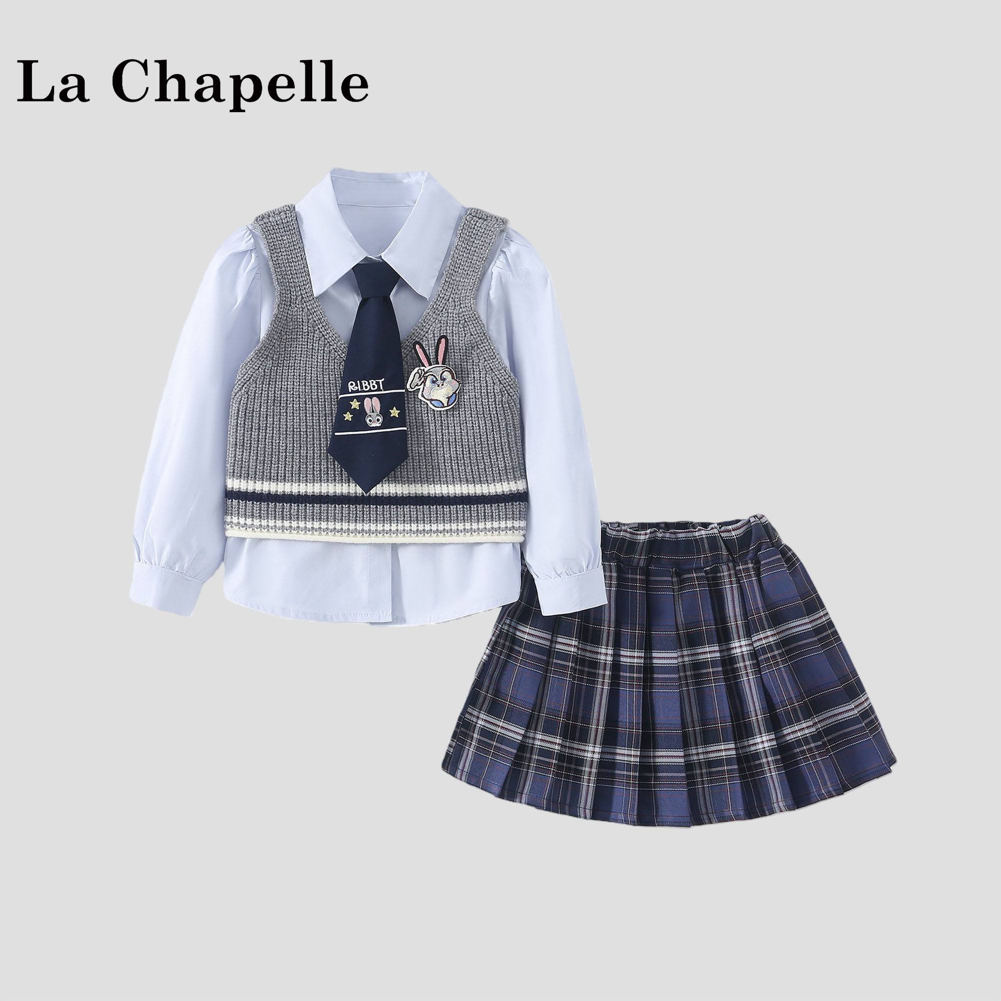 拉夏贝尔女童兔子警官套装2026新款儿童学院风JK半身裙春秋三件套