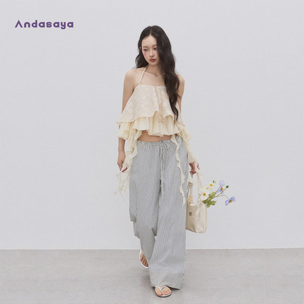 Andasaya 不规则挂脖上衣修身露背设计感小众麻花绑带飘带吊带