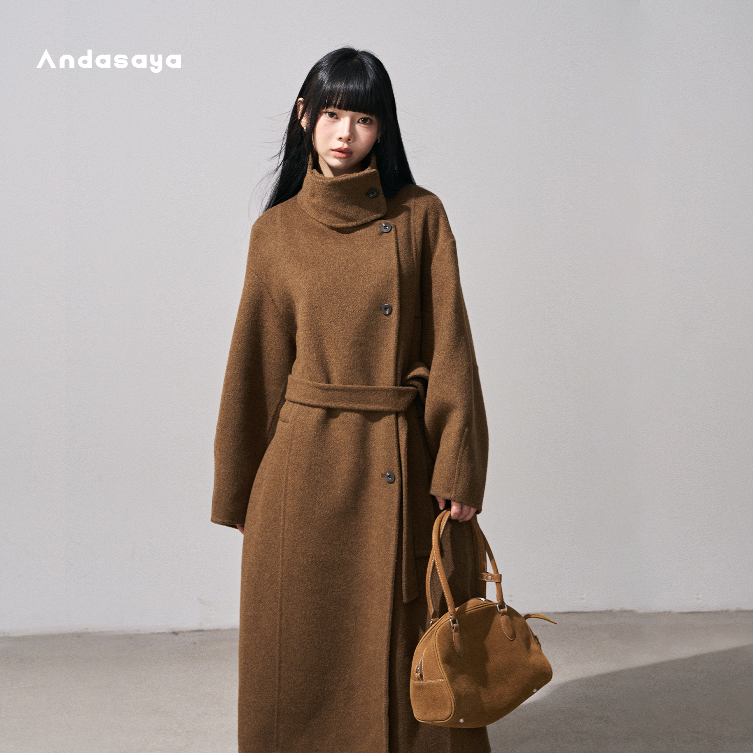 Andasaya 立领排扣系带双面呢羊毛大衣羊驼高品质中长款毛呢外套