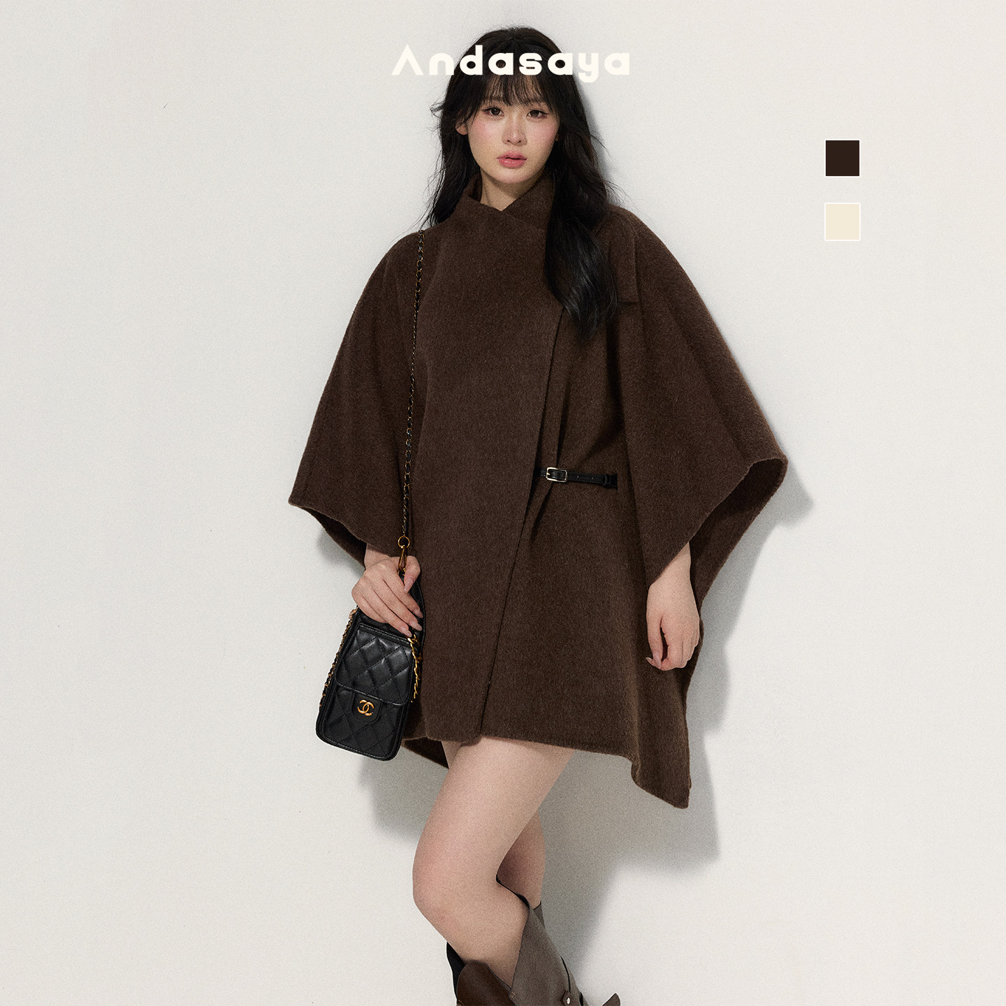 Andasaya 斗篷大衣女腰带高品质双面呢全羊毛外套 米色/咖色