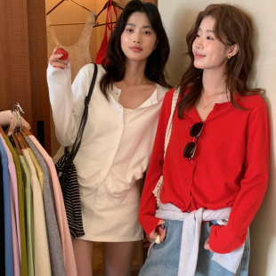 柠檬绿茶 简约圆领宽松百搭纯色针织开衫 实穿韩版 8100 经典