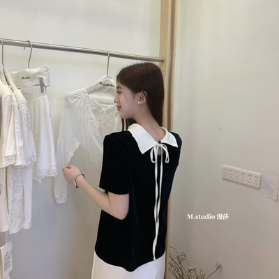 MSTUDIO漫莎-金系列后系带撞色翻领短袖上衣小衫(不配包包)C7553